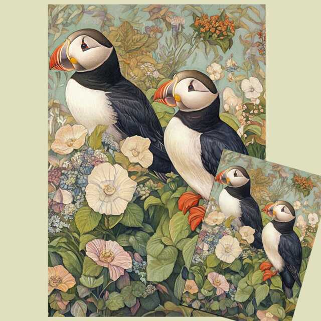 Unique Puffin Art Piece With Flower Decoupage Design Print Or Tissue Paper For Crafting, A3, A4 A5 - image 1
