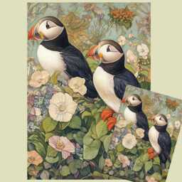 Unique Puffin Art Piece With Flower Decoupage Design Print Or Tissue Paper For Crafting, A3, A4 A5 - thumbnail 1