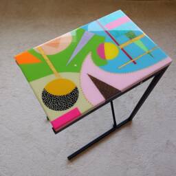 Wooden C Shape Colorful Side End Epoxy Resin Coffee Table With Metal Legs - thumbnail 3
