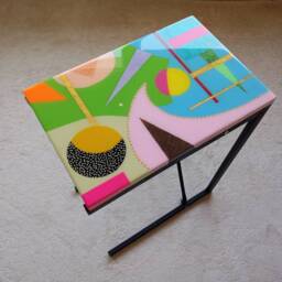 Wooden C Shape Colorful Side End Epoxy Resin Coffee Table With Metal Legs - thumbnail 2