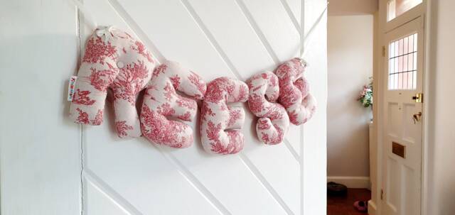Personalised Name Banner, Red Toile De Joie. Baby Wall Hanging. Shower Gift. Garland. Nursery French Decor - image 1