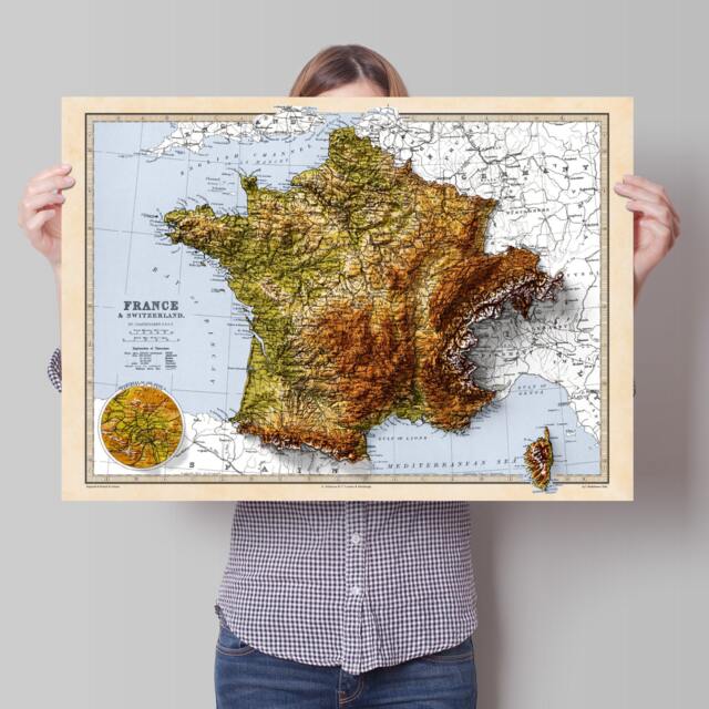 France & Switzerland Map - Elevation 2D Vintage Poster 3D Effect Shaded Relief Print Bretagne Normandie Pyrenees Lyon - image 1