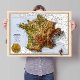 France & Switzerland Map - Elevation 2D Vintage Poster 3D Effect Shaded Relief Print Bretagne Normandie Pyrenees Lyon - thumbnail 1