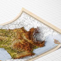 France & Switzerland Map - Elevation 2D Vintage Poster 3D Effect Shaded Relief Print Bretagne Normandie Pyrenees Lyon - thumbnail 2