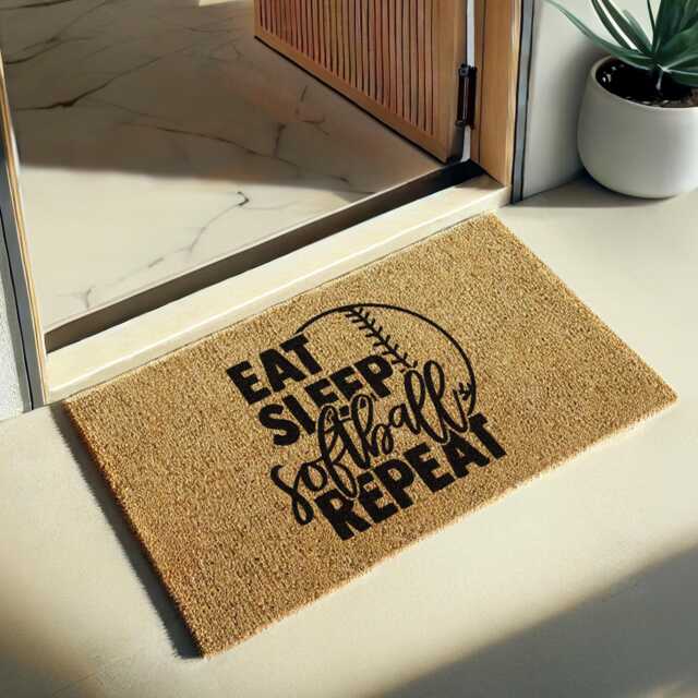 Softball Doormat - Eat Sleep Repeat Entryway Rug Coir Welcome Mat For Home Non Slip Personal Gift Sports Fan - image 1