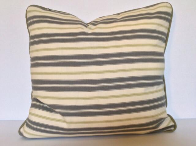 Green Striped Pillow Cover, Piped Cotton Canvas Cushion, 18x18 - image 1