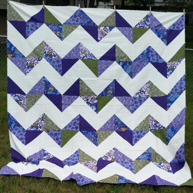 Unfinished Quilt Top, Modern Queen Quilt, Chevron Pattern, Queen Blanket, Green, Purple, Navy, Cream, Quilt Kit, Ready To - image 1