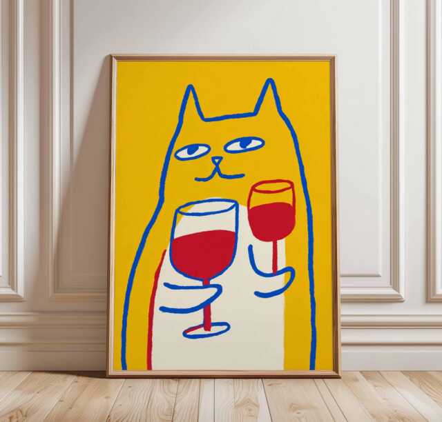 Funny Cat Art Print, Pop Style Poster, Quirky Animal Wall Decor, Bar Cart Art, Yellow & Red Gallery Wall, Modern Lover Gift - image 1