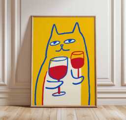 Funny Cat Art Print, Pop Style Poster, Quirky Animal Wall Decor, Bar Cart Art, Yellow & Red Gallery Wall, Modern Lover Gift - thumbnail 1