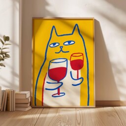 Funny Cat Art Print, Pop Style Poster, Quirky Animal Wall Decor, Bar Cart Art, Yellow & Red Gallery Wall, Modern Lover Gift - thumbnail 3