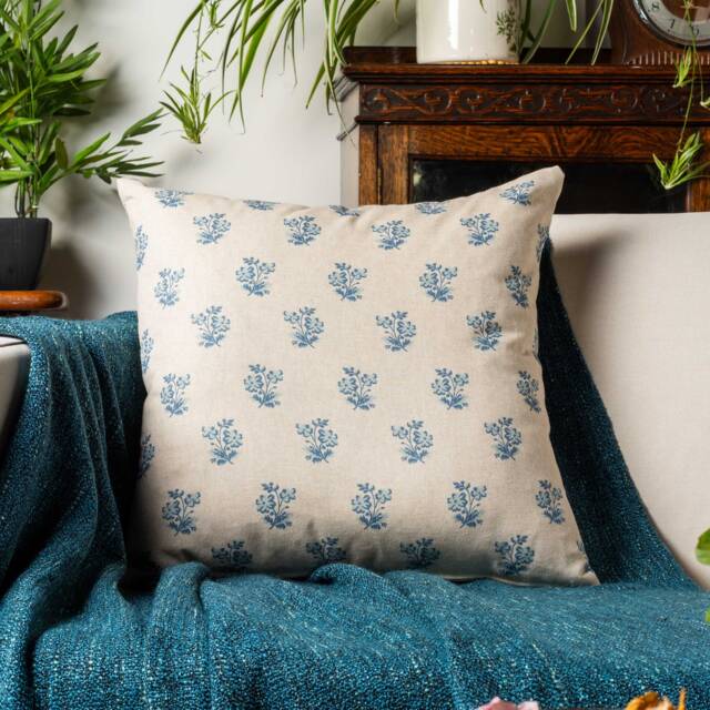 Posy Print Linen Look Cushion Cover in Cornflower Blue. Dainty Floral Blue, Effect Background. 17x17 - image 1