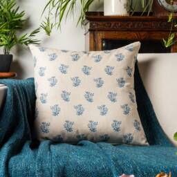 Posy Print Linen Look Cushion Cover in Cornflower Blue. Dainty Floral Blue, Effect Background. 17x17 - thumbnail 1