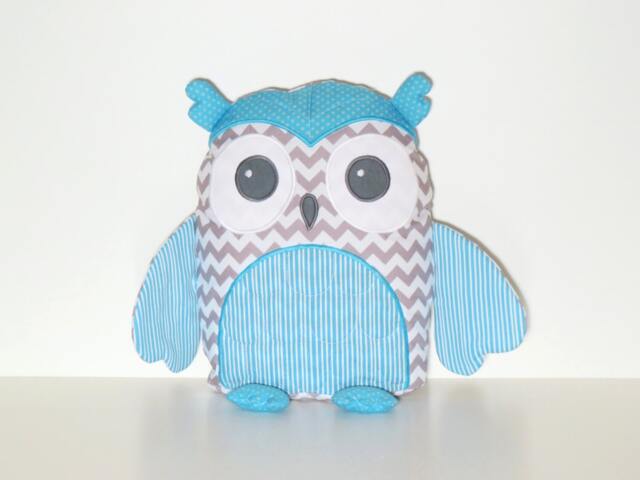 Pillow Cover, Custom Owl, Nursery Owl Pillow, Accent Aqua Blue, White & Gray Chevron Stripes Dots - image 1