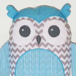 Pillow Cover, Custom Owl, Nursery Owl Pillow, Accent Aqua Blue, White & Gray Chevron Stripes Dots - thumbnail 2