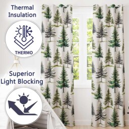 Watercolor Pine Tree Forest Seamless Pattern Cream Background Readymade Eyelet Ring Top Thermal 100% Blackout Curtains - thumbnail 3