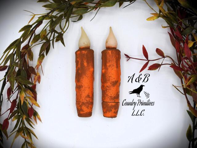 Set Of - 2 Two Harvest Orange Grubby 4 Inch Led Wax Dipped Battery Operated Flameless Timer Taper Candles, Country Primitive Home Decor - image 1