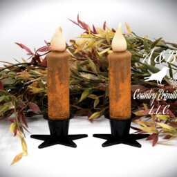 Set Of - 2 Two Harvest Orange Grubby 4 Inch Led Wax Dipped Battery Operated Flameless Timer Taper Candles, Country Primitive Home Decor - thumbnail 2
