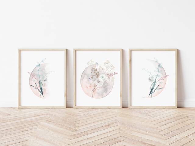 Moon Phases Print - Art Illustration Set Of 3 Spiritual Pink Full Moon Half Home Decor Crescent Moons - image 1
