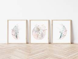 Moon Phases Print - Art Illustration Set Of 3 Spiritual Pink Full Moon Half Home Decor Crescent Moons - thumbnail 1