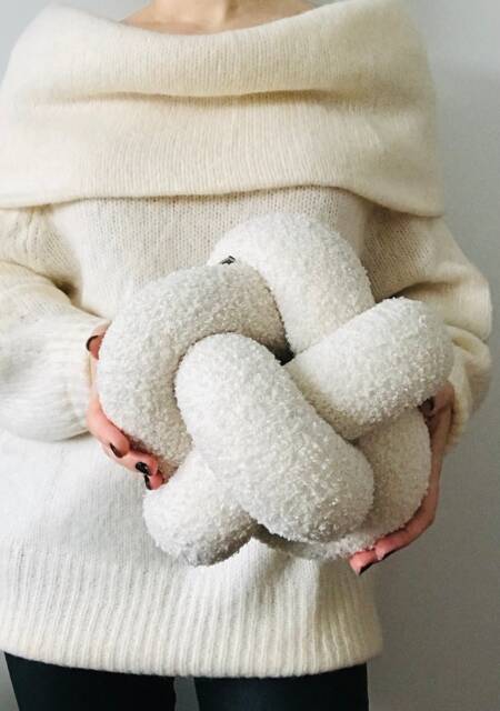 White Boucle Pillow, Boucle Knot Scandinavian Cushion, Cute Accent Ball Original Housewarming Gift - image 1