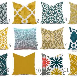 Pillow Cover Throw Accent Pillows Custom - Plantation Blue Teal Golden Rod Mustard Yellow Gold Modern Lattice Block Print 16x16, 18x18 - thumbnail 2