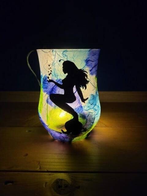 Mermaid Night Light Silhouette Candle Holder Hand Made Glass Blue Green Tea - image 1