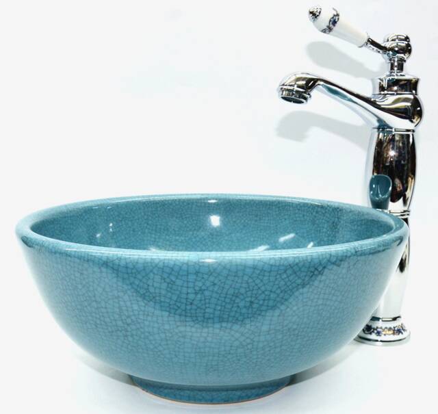 Crackle Effect Basin Sink Bathroom Cloakroom Ceramic Countertop Washing Bowl Round Vessel Handmade Blue Stone Made Paint Vanity Unit - image 1