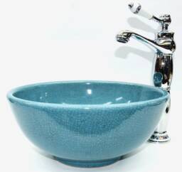 Crackle Effect Basin Sink Bathroom Cloakroom Ceramic Countertop Washing Bowl Round Vessel Handmade Blue Stone Made Paint Vanity Unit - thumbnail 1