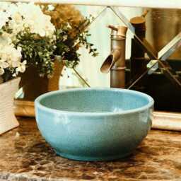 Crackle Effect Basin Sink Bathroom Cloakroom Ceramic Countertop Washing Bowl Round Vessel Handmade Blue Stone Made Paint Vanity Unit - thumbnail 3