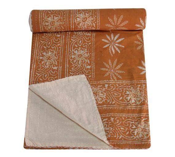Handmade Indian Kantha Quilt Handblock Cotton Bedspread, Queen Size - image 1