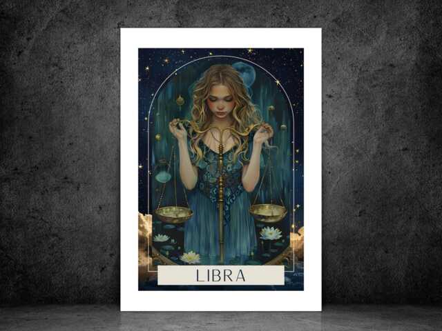 Libra Zodiac Tarot Print - Astrology Poster Celestial Wall Art Mystical Horoscope Decor Gift Idea A5 A4 A3 Framed Or Unframed - image 1