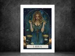 Libra Zodiac Tarot Print - Astrology Poster Celestial Wall Art Mystical Horoscope Decor Gift Idea A5 A4 A3 Framed Or Unframed - thumbnail 1
