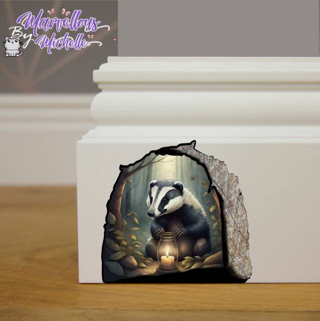 Handmade Cute Fairytale Badger With Candle in Hole Mouse Wall, Skirting Board, Door Sticker, Decal Children's Kids Decoration M8