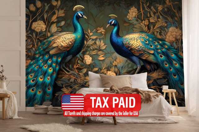 Peacock Wallpaper Mural, Abstract Gold Green Leaves, Peel & Stick Wall Decal - image 1