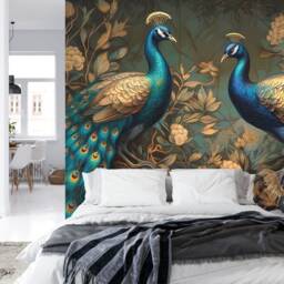 Peacock Wallpaper Mural, Abstract Gold Green Leaves, Peel & Stick Wall Decal - thumbnail 2