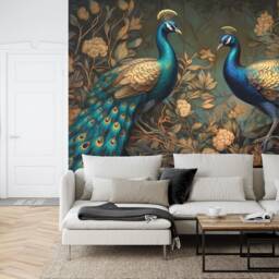 Peacock Wallpaper Mural, Abstract Gold Green Leaves, Peel & Stick Wall Decal - thumbnail 3