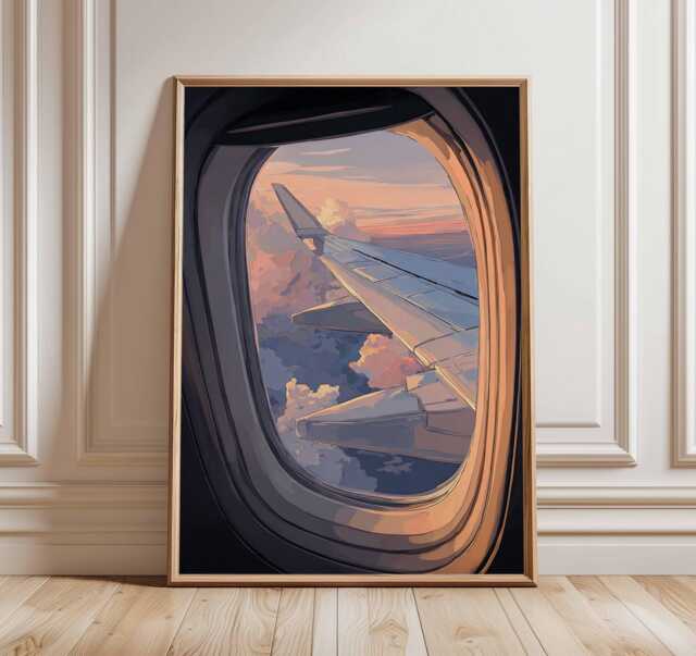 Airplane Window View Poster, Aviation Wall Art, Aircraft Wing Print, Sunset Travel Decor, Pilot Gift, Sky Clouds Artwork - image 1