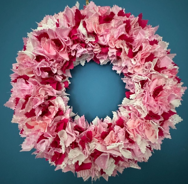 Romantic Pink & White Rag Wreath - Handmade Patterned & Plain Fabrics Indoor Shabby Chic Quirky Wall Or Door Decor Perfect Gift - image 1