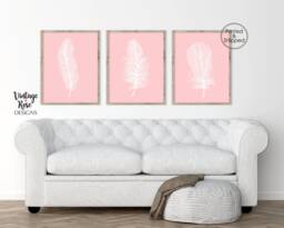 Feather Print Set, Feathers Wall Art, Blush Pink Prints, Set Of 3 Print, White Decor, Bedroom - thumbnail 1