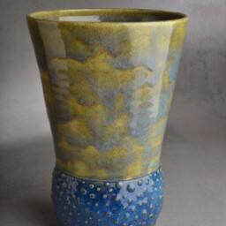 Utensil Holder Vase Ready To Ship Wheel Thrown Blue & Speckled Green By Symmetrical Pottery - thumbnail 2