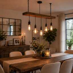 Rustic Wooden Beam Chandelier, Farmhouse Kitchen Island Lighting, Dining Room Pendant Light - thumbnail 4