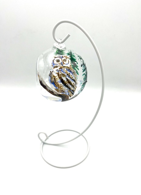 Hand Painted Tealight Holder/Owl in Snow Covered Forest Christmas Hanging Glass Sphere With Ornament Stand - image 1