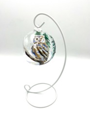 Hand Painted Tealight Holder/Owl in Snow Covered Forest Christmas Hanging Glass Sphere With Ornament Stand - thumbnail 1
