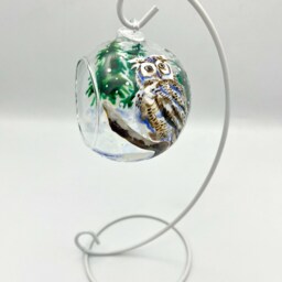 Hand Painted Tealight Holder/Owl in Snow Covered Forest Christmas Hanging Glass Sphere With Ornament Stand - thumbnail 3