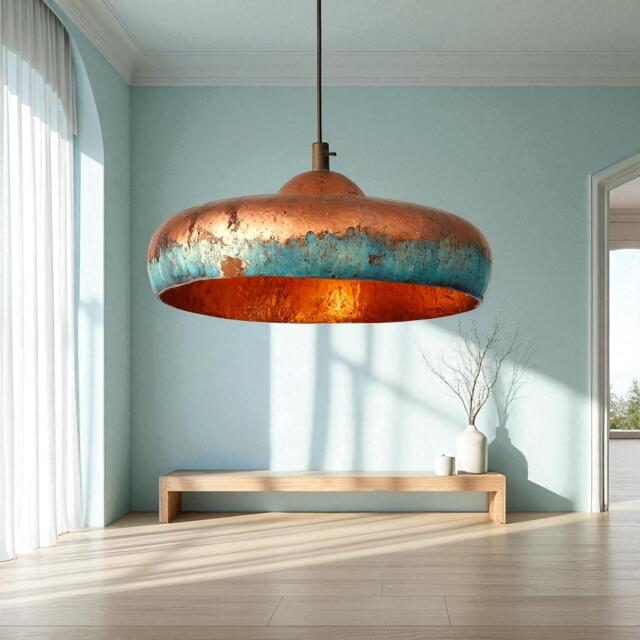 Handmade Blue Patina Copper Dome Pendant Light - Rustic Chandelier - image 1