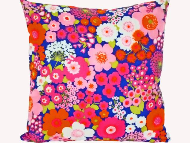 Cheerful Cushion 40 X cm - 50 Cherry Blossom, Cherry Blossom Pink Rose Blue, 70S Retro Cushion Cover, Hippie Floral Flower Power - image 1