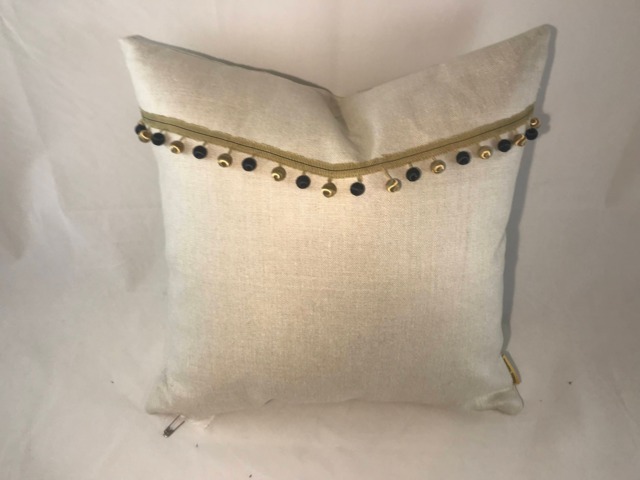 Ivory Linen Cushion Cover, Gold Ribbon Bead Trim, 20x20 - image 1