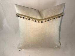 Ivory Linen Cushion Cover, Gold Ribbon Bead Trim, 20x20 - thumbnail 1