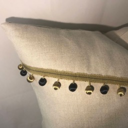 Ivory Linen Cushion Cover, Gold Ribbon Bead Trim, 20x20 - thumbnail 2