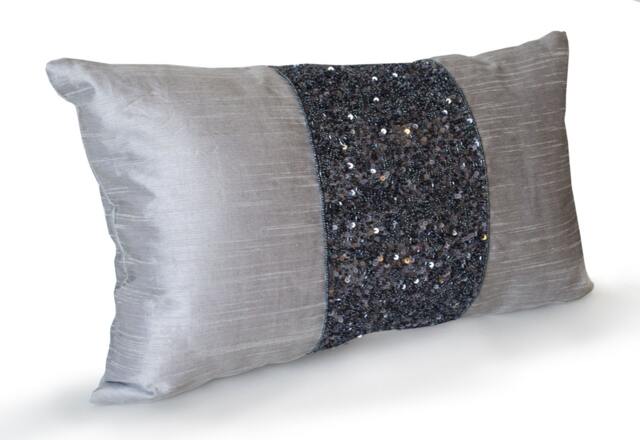 Grey Beaded Lumbar Pillows, Silk Metallic Pillow Cover, Sparkle Pillow, Gray Embroidered Multiple Sizes - image 1